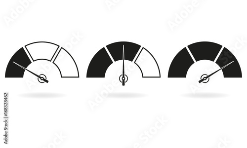 Speedometer or gauge icons set. Infographic and car instrument design elements. Vector illustration.