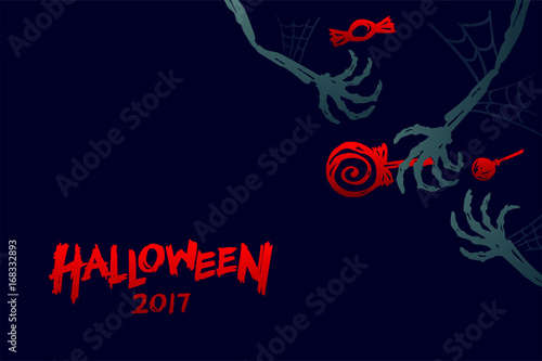 Halloween 2017 background template set  skeleton monster hand with candy concept design and halloween 2017 text illustration isolated on dark blue background  with copy space