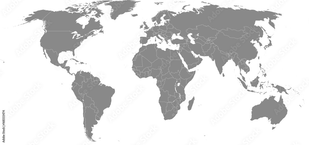 High resolution map of the world (without Antarctica) split into individual countries. Showing distinct borders between countries. Robinson projection.