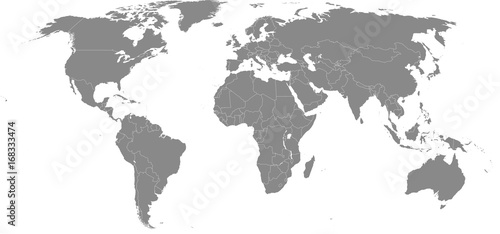 High resolution map of the world (without Antarctica) split into individual countries. Showing distinct borders between countries. Robinson projection.