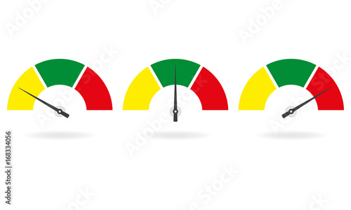 Speedometer or gauge icons set. Infographic and car instrument design elements. Vector illustration.