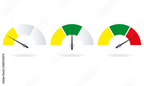 Speedometer or gauge icons set. Infographic and car instrument design elements. Vector illustration.
