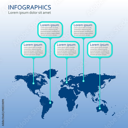 World map Infographics template with step by step pointers. Information and infographics design elements. Vector illustration.