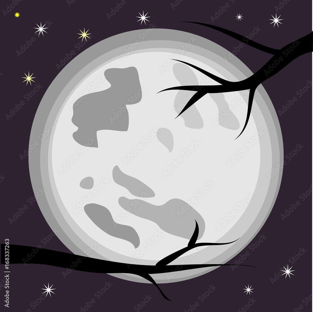 Landscape: black tree branches at night against a full moon and stars. Landscape: black tree branches at night against a full moon and stars.