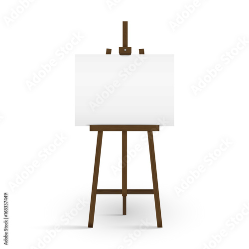 Blank canvas on a artist' easel. Blank art board and wooden easel isolated on white background. Vector illustration.
