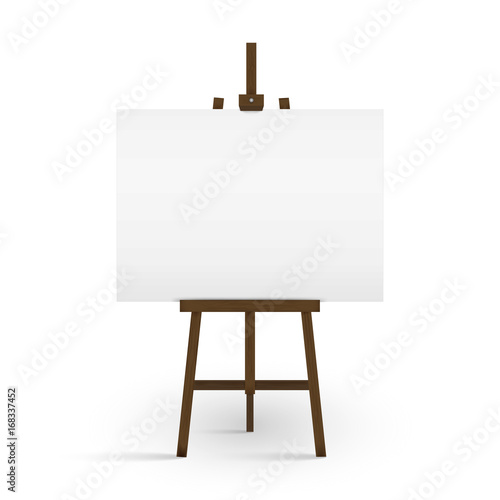 Blank canvas on a artist' easel. Blank art board and wooden easel isolated on white background. Vector illustration.