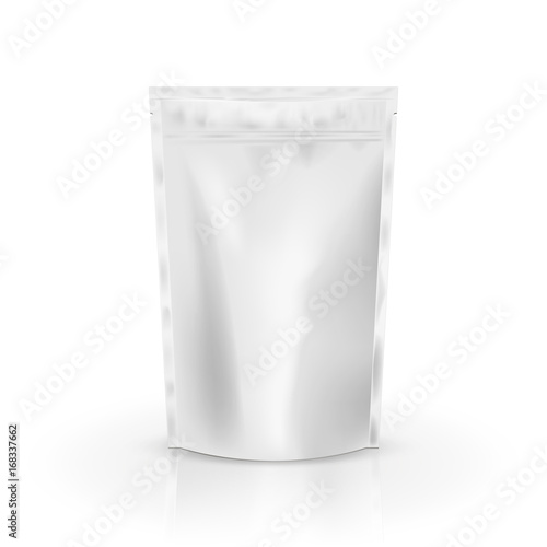 Blank Foil Food Or Drink Bag Packaging with valve and seal. Blank Foil plastic pouch coffee bag. Packaging template mockup collection. isolated on background. Vector illustration.