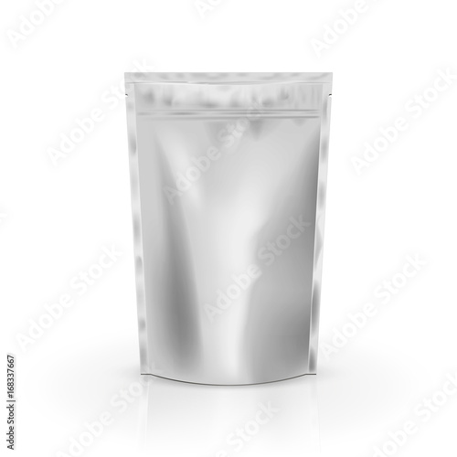 Blank Foil Food Or Drink Bag Packaging with valve and seal. Blank Foil plastic pouch coffee bag. Packaging template mockup collection. isolated on background. Vector illustration.