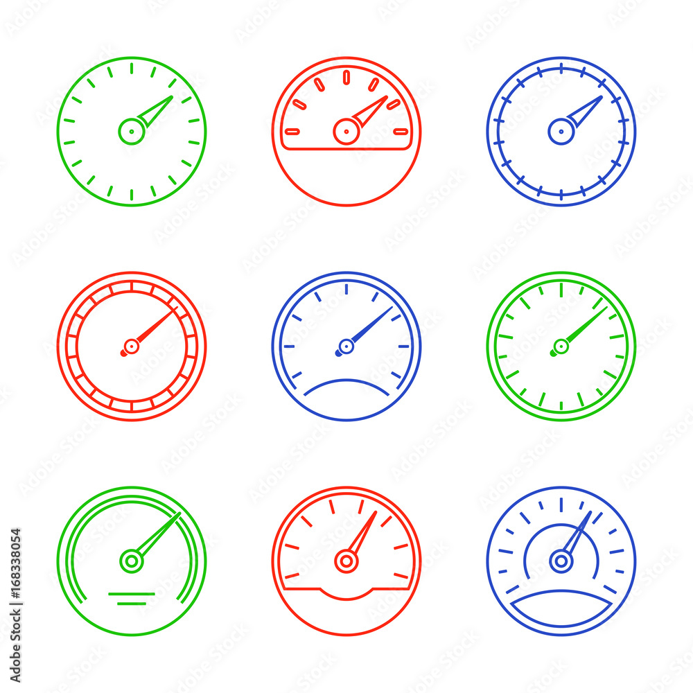 Speedometer and meter icon set in line style. Dashboard outline signs. Vector illustration. Speedometer and meter icon set in line style. Dashboard outline signs. Vector illustration.