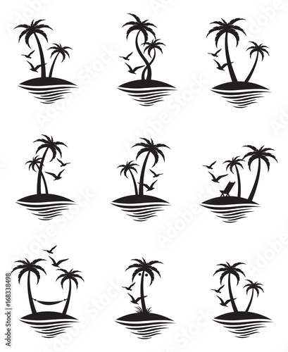set of icons with palm trees silhouette on island