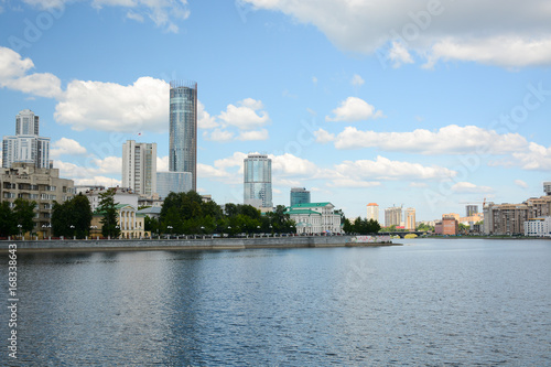 Yekaterinburg city center skyline and Iset river  Russia