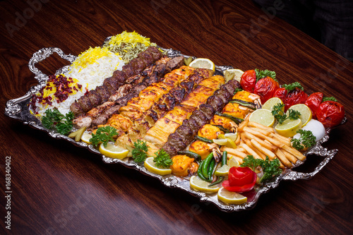 Close up shot of Persian Mix Kebab With Rice