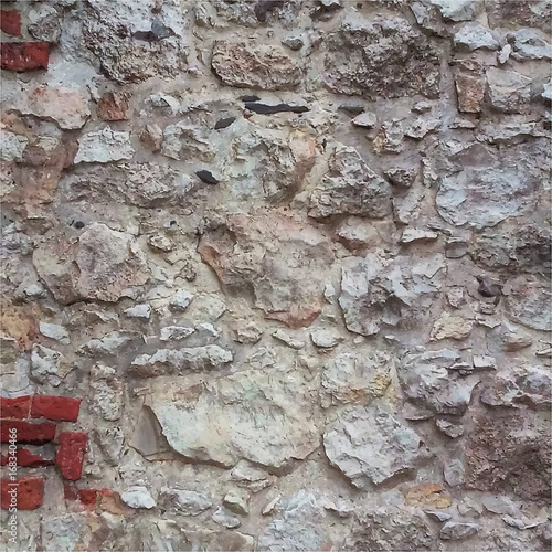 Old stone wall texture with small inclusions of red bricks. Realistic stonework. Vector background.