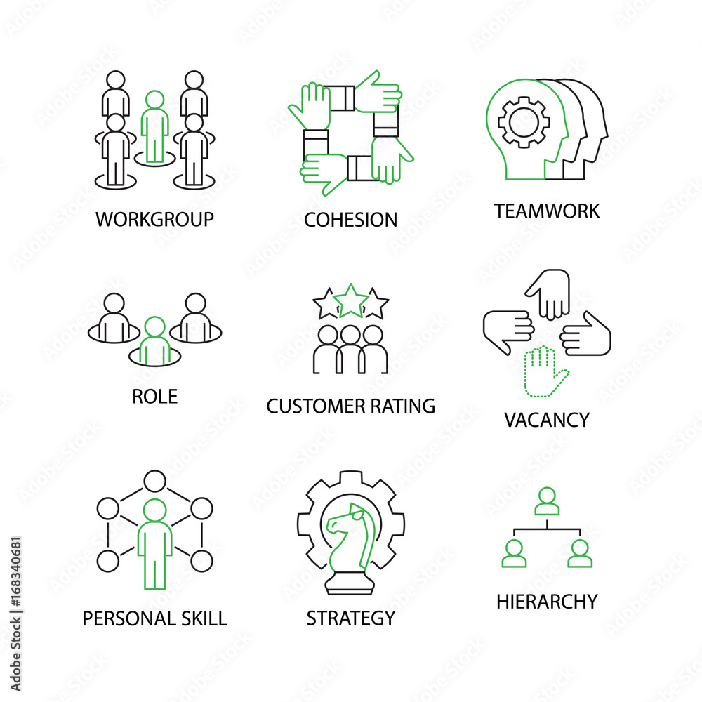 Modern Flat thin line Icon Set in Concept of Business and Management with word Workgroup,Cohesion,Teamwork,Role,Customer Rating,Vacancy,Personal Skill,Strategy,Hierarchy.Editable Stroke. Modern Flat thin line Icon Set in Concept of Business and Management with word Workgroup,Cohesion,Teamwork,Role,Customer Rating,Vacancy,Personal Skill,Strategy,Hierarchy.Editable Stroke.
