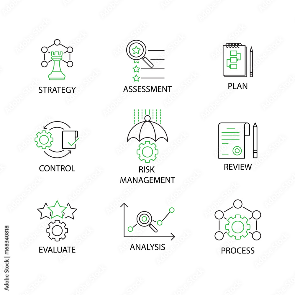Modern Flat thin line Icon Set in Concept of Risk Management with word Strategy,Risk Management,Assessment,Plan,Control,Review,Evaluate,Analysis,Process. Editable Stroke. Modern Flat thin line Icon Set in Concept of Risk Management with word Strategy,Risk Management,Assessment,Plan,Control,Review,Evaluate,Analysis,Process. Editable Stroke.