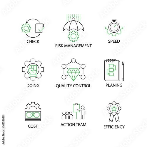 Modern Flat thin line Icon Set in Concept of Quality Control Process (PDCA) with word Check,Risk Management,Speed,Doing,Quality Control,Planing,Cost,Action Team,Efficiency.Editable Stroke.