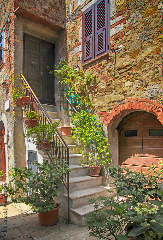 Old stone house with stairs decorated with green plants in pots, Montemerano, Tuscany, Italy.
