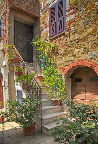 Old stone house with stairs decorated with green plants in pots  Montemerano  Tuscany  Italy.