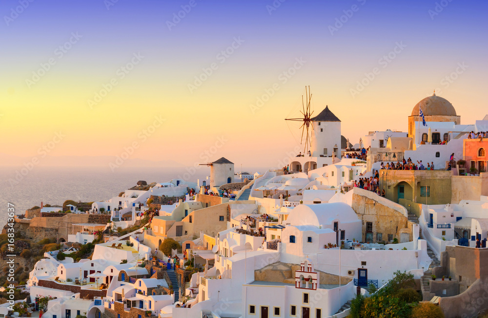 view on Oia village during sunset, Santorini island, Cyclades, Greece