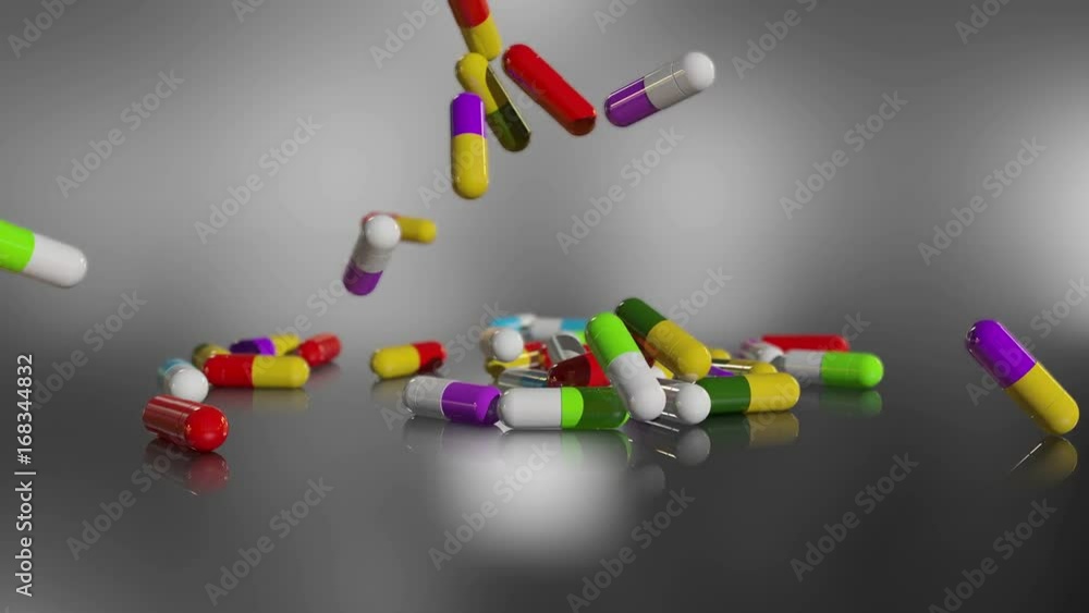 3D rendering multicolored medical pills falling from top to bottom 3D rendering multicolored medical pills falling from top to bottom