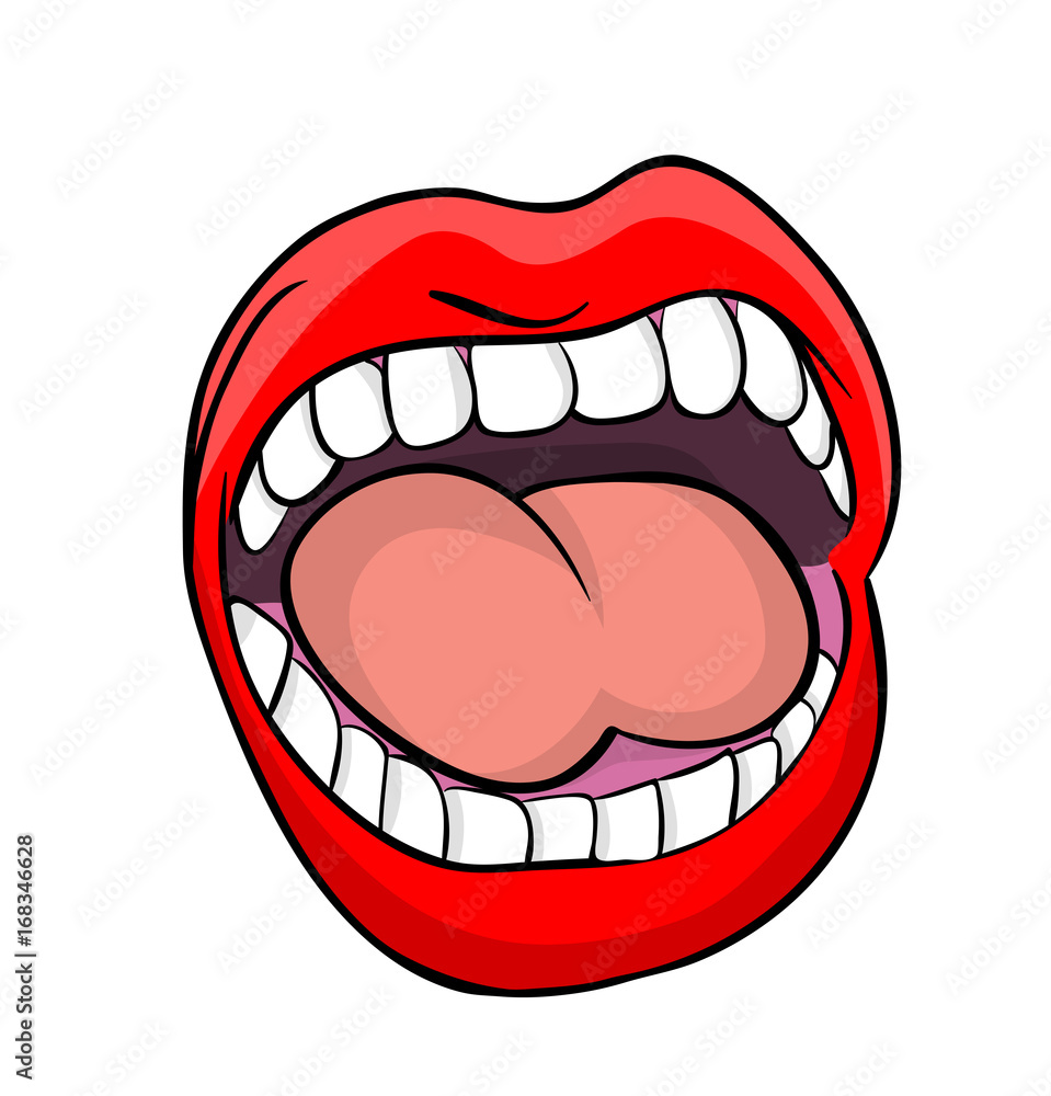 Fototapeta premium shouting lips with teeth and tongue cartoon vector symbol icon design. Beautiful illustration isolated on white background
