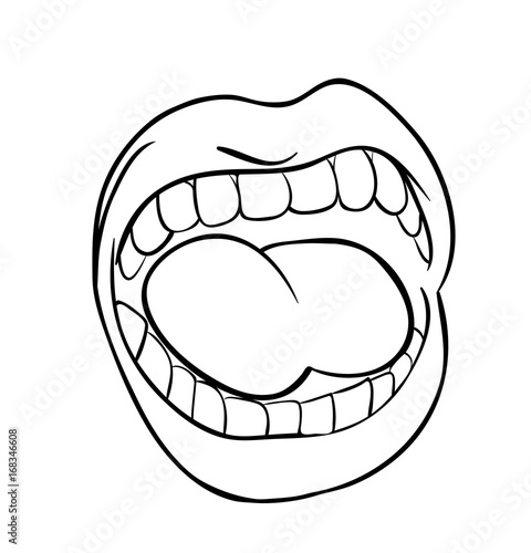 shouting lips with teeth and tongue cartoon outline vector symbol icon design. Beautiful illustration isolated on white background