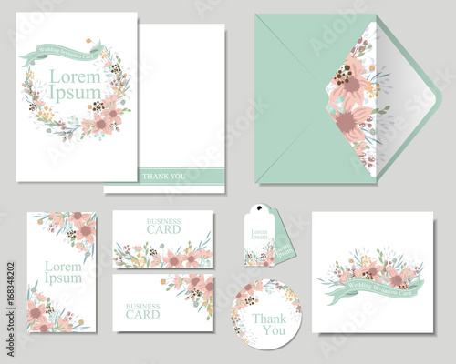 Set of Colorful flowers Greeting Wedding Invitation card.Minimalist Concept.Can be used Birthday Card Business Card Thank you card ETC.Vector Illustration