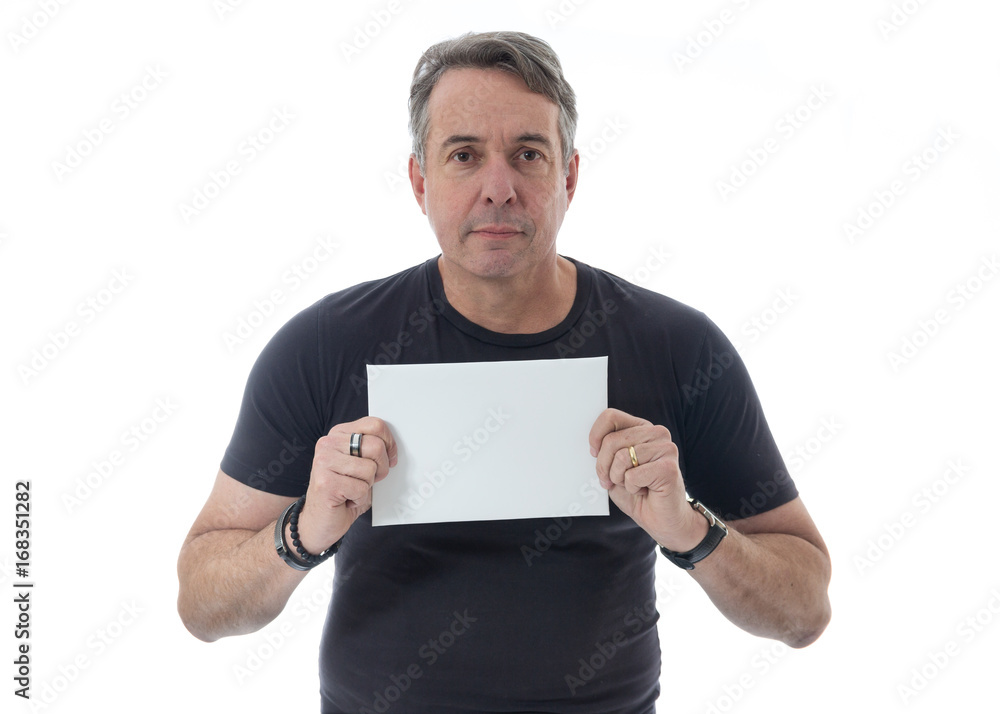 Middle-aged man wears black t-shirt. He holds a white paper.. Middle-aged man wears black t-shirt. He holds a white paper..