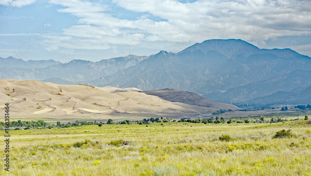 View of the Great Sand Dunes National Park & Preserve near Alamosa, Colorado, U.S.A., with the Sangre de Cristo Mountains in the background