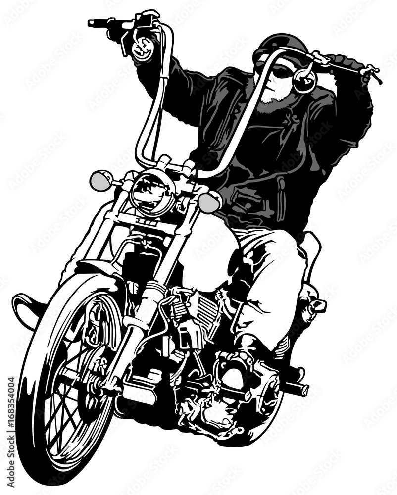 Naklejka premium Rider On Chopper - czarno-biały ręcznie rysowane ilustracji, wektor