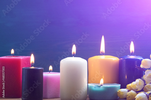 Colorful candles. Aromatherapy. Interior