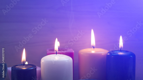 Colorful candles. Aromatherapy. Interior