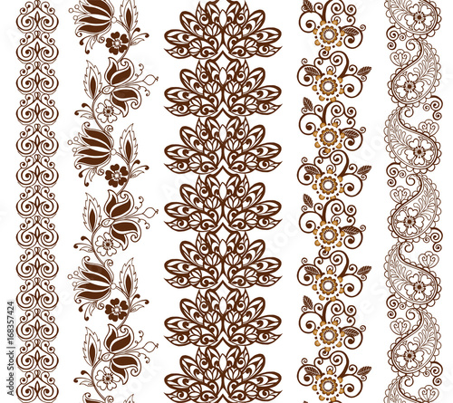 Vector illustration of mehndi pattern, set of seamless borders.Set of eastern borders with paisley