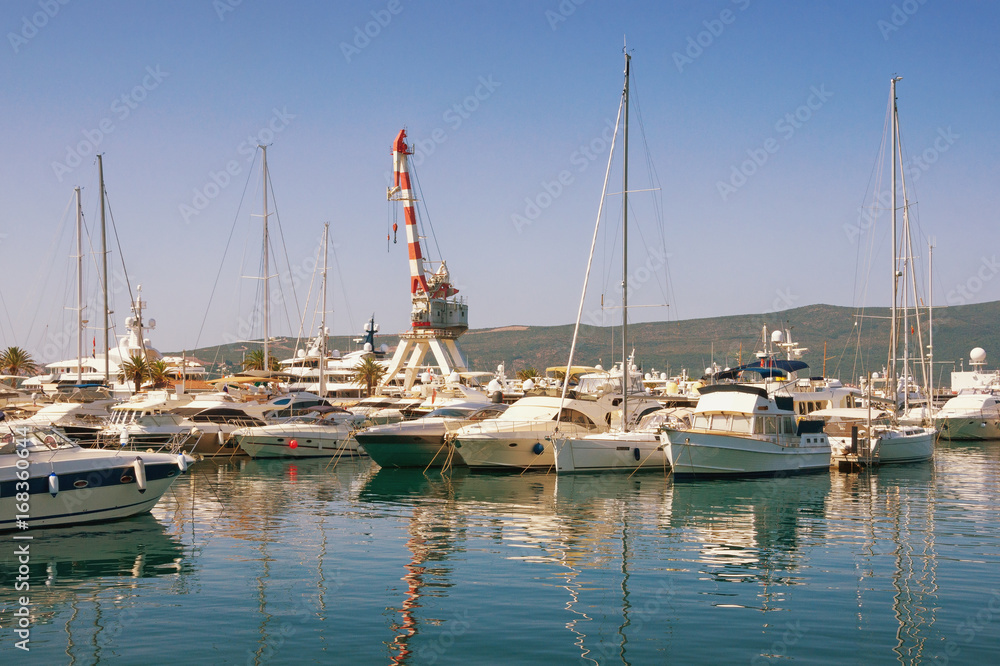 View of the yacht marina of Porto Montenegro. Bay of Kotor, Tivat, Montenegro