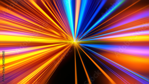 Fototapeta Naklejka Na Ścianę i Meble -  Light motion. Speed motion on the neon glowing road at dark. Speed motion on the road. Colored light streaks acceleration. Abstract illustration. Blue and Orange Yellow motion streaks. Space Gates.