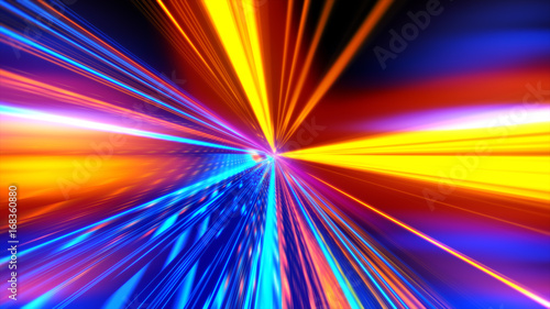 Light motion. Speed motion on the neon glowing road at dark. Speed motion on the road. Colored light streaks acceleration. Abstract illustration. Blue and Orange Yellow motion streaks. Space Gates.