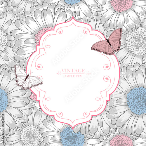 Beautiful abstract seamless hand drawn floral pattern with gerbera flowers. Vintage frame  with butterflies on a floral background  Vector illustration. Element for design.