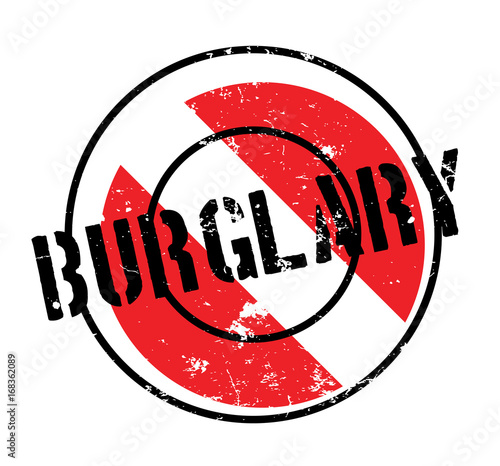 Burglary rubber stamp. Grunge design with dust scratches. Effects can be easily removed for a clean, crisp look. Color is easily changed.