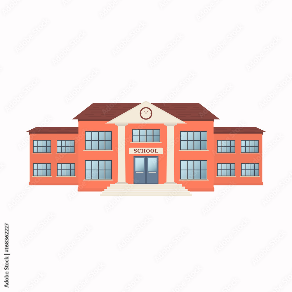 School building exterior isolated on white background. Front view
