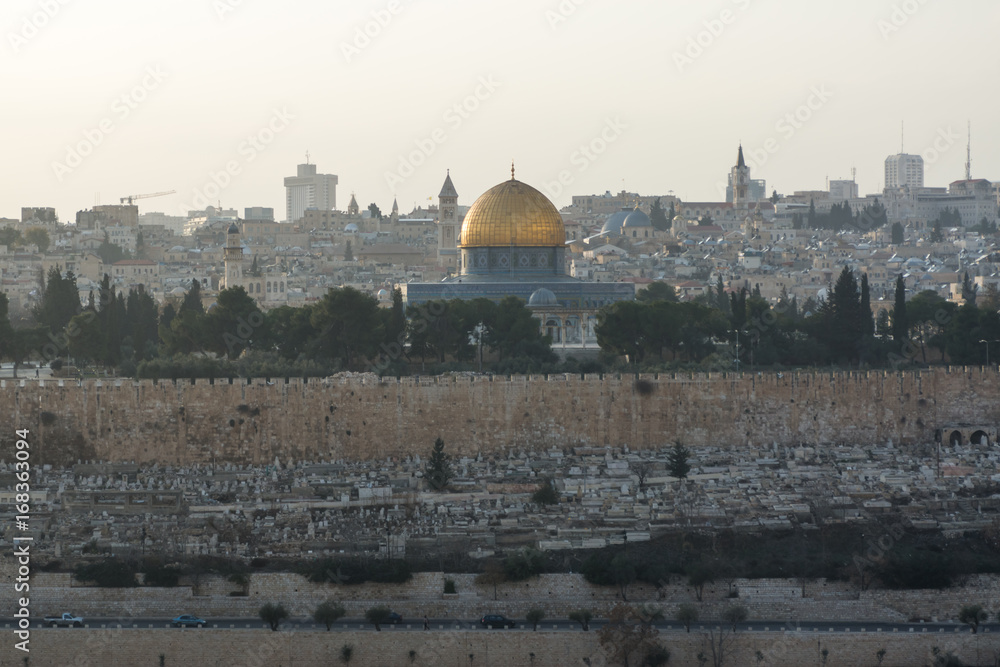 Fototapeta premium View to the Old City Jerusalem during sunset