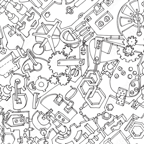 Seamless pattern made of various gears and technical details. Creative steampunk mechanical background. Vector illustration. Black contours on white background.