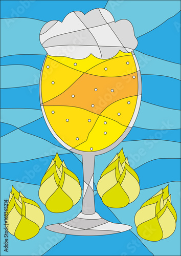 Schäumendes Bierglas mit Hopfenblüten