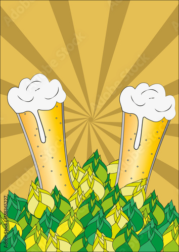 Zwei schäumende Biergläser mit Hopfenblüten