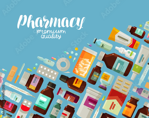 Pharmacy, pharmacology banner. Medicine, bottles and pills concept. Vector illustration