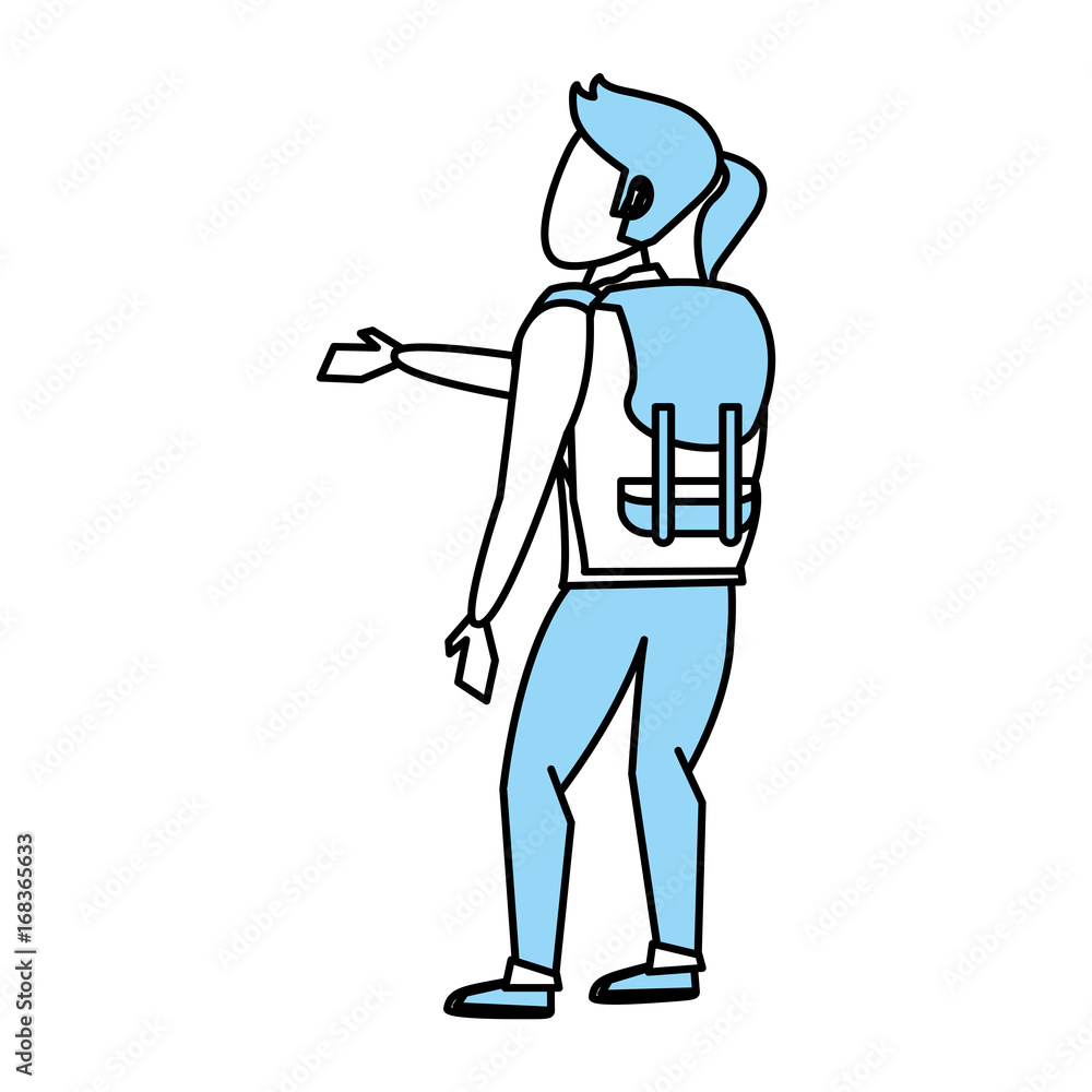 Flat line monocromatic female backpacker over white background vector illustration