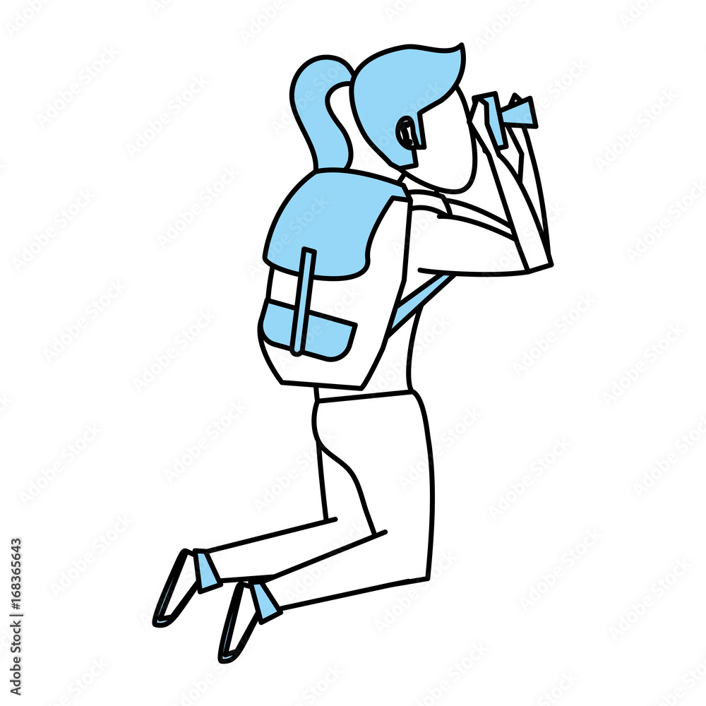 Flat line monocromatic female backpacker over white background vector illustration