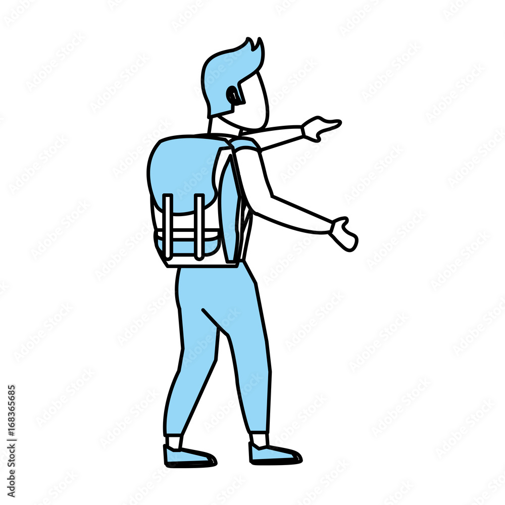 Flat line monocromatic male backpacker over white background vector illustration Flat line monocromatic male backpacker over white background vector illustration