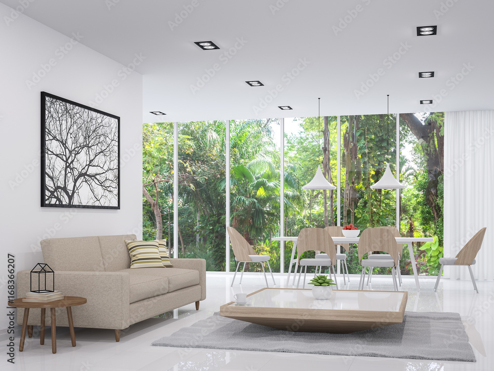 Modern white living and dining room with nature view 3d render image ...