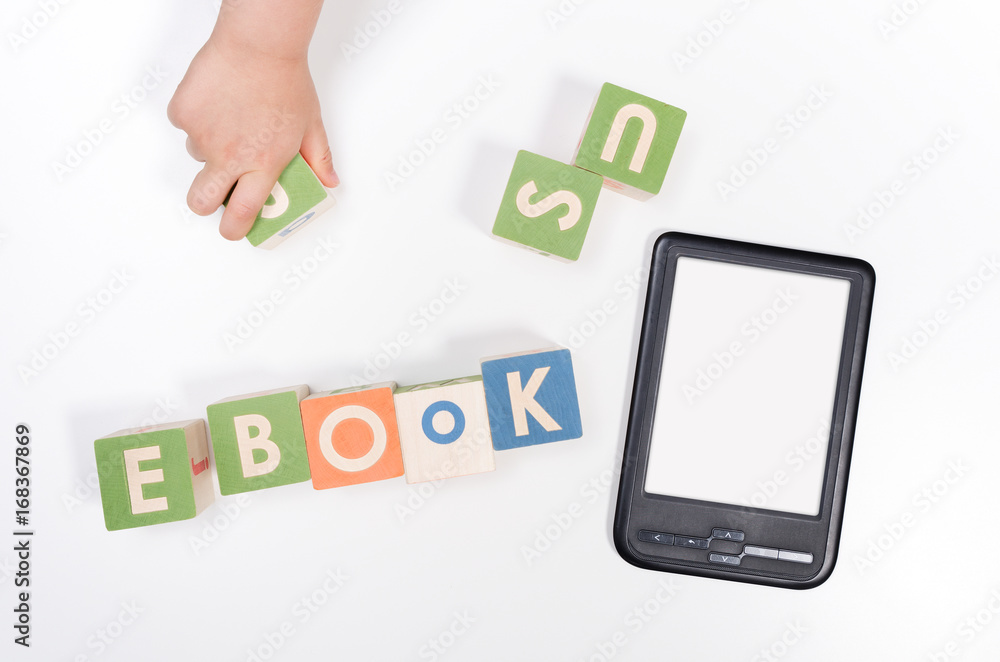 e-book reader device and toy blocks concept e-book reader device and toy blocks concept