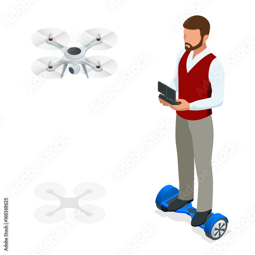 Isometric man with drone quadrocopter, Remote aerial drone with a camera taking photography or video recording. game sevremennaya, isometrics businessman on a Gyroscooter. Vector illustration